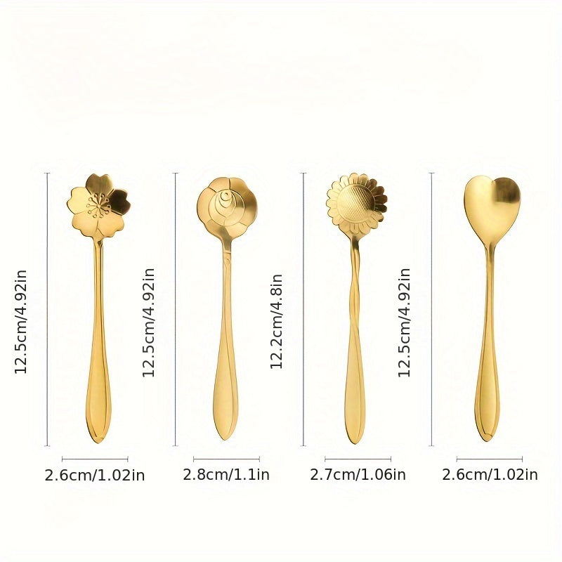 Ensemble de 8 Cuillères en Acier Inoxydable à Motifs Floraux - Cuillères Élégantes pour Café, Thé & Dessert avec Des Designs de Fleurs Uniques en Argenté ou Doré
