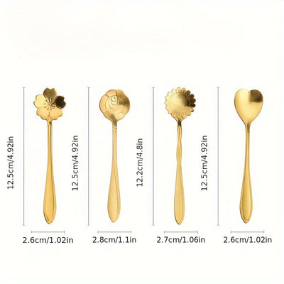 Ensemble de 8 Cuillères en Acier Inoxydable à Motifs Floraux - Cuillères Élégantes pour Café, Thé & Dessert avec Des Designs de Fleurs Uniques en Argenté ou Doré